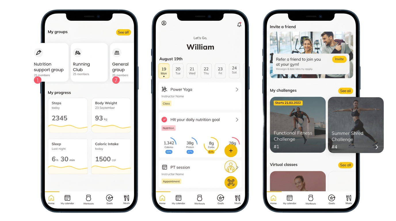 Trainerize app screens showing progress dashboard, daily calendar and community feed